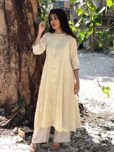 Create a style statement with this pair of co-ordinates; A mix of¬†contemporary style and traditional weave.¬†Handcrafted to perfection, these handmade fabrics have us spell bound. ¬† Product... Silk Anarkali, Simple Kurta Designs, Simple Kurti Designs, Casual Indian Fashion, Kurta Designs Women, Dress Indian Style