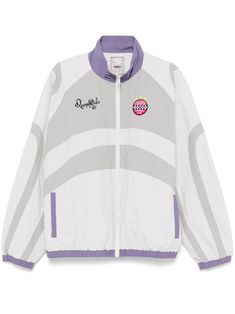 light grey/light purple shell windproof colour-block panelled design front zip fastening stand-up collar long raglan sleeves elasticated cuffs embroidered logo at the chest two side welt pockets embroidered logo to the rear internal slip pocket mesh lining elasticated hem White Reflective Long Sleeve Windbreaker, White Long Sleeve Windbreaker With Reflective Details, White Nylon Windbreaker With Reflective Details, White Reflective Outdoor Track Jacket, Sports White Track Jacket With Contrast Panels, White Track Jacket With Contrast Panels For Sports, White Casual Track Jacket With Contrast Panels, Casual White Track Jacket With Contrast Panels, White Track Jacket With Contrast Panels