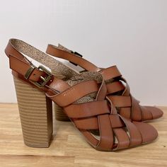 Justfab Nwot Size 7.5 Man Made Woven Leather Sandals With 4 Inch Heels. Perfect To Pair With That Summer Dress. Brown Faux Leather Heels With Heel Strap, Brown Synthetic Heels With Heel Loop, Brown Faux Leather Heels With Buckle Closure, Brown Strappy Heels With Buckle Closure, Brown Strappy Synthetic Heels, Brown 4-inch Strappy Heels, Woven Leather Sandals, Just Fab Shoes, Justfab Shoes