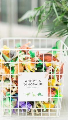 a white basket filled with lots of different types of food next to a potted plant