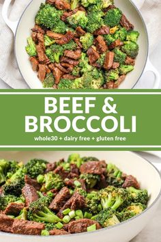 beef and broccoli in a skillet with text overlay that reads beef and broccoli