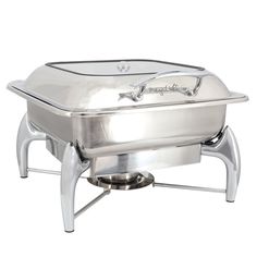 a stainless steel chafer sitting on top of a metal stand with one lid open