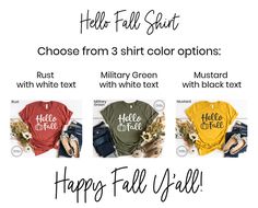 Celebrate the fall season with this Hello Fall shirt. It's perfect for fall festivals, fall parties, Halloween, trick-or-treating, game days, Thanksgiving, and more! It's a t-shirt you can wear all season long! W H A T ' S * I N C L U D E D A super soft shirt with the Hello Fall design in the following color options: - Rust shirt / White text - Military Green shirt / White text - Mustard shirt / Black text M A T E R I A L S - 100% combed and ring-spun cotton - High quality heat transfer vinyl S Customizable Casual T-shirt For Fall, Trendy Fall Short Sleeve Shirt, Trendy Short Sleeve Fall Shirt, Trendy Graphic Print Shirt For Fall, Fun Long Sleeve Fall T-shirt, Relaxed Fit Graphic Print Shirt For Fall, Trendy Fall Crew Neck Shirt, Custom White T-shirt For Fall, Fall Relaxed Fit Graphic Tee