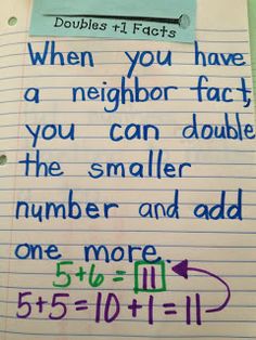 a notebook with writing on it that says, when you have a neighbor fact you can double the smaller number and add one more