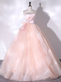 Pink Strapless Tulle Long Formal Dress Prom Dress With Feathers, Dress With Feathers, Quinceanera Dresses Pink, A Line Prom Dress, Vestidos Color Rosa, Dress Display, Strapless Prom Dresses, Long Formal Dress, Corset Dress Prom