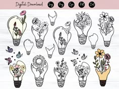 flowers and butterflies in lightbulbs are shown on a wooden background with the words digital