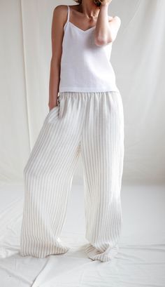 Striped linen palazzo pants / Loose wide leg linen trousers / ManInTheStudio