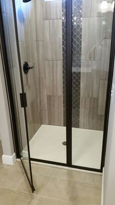 a walk in shower sitting inside of a bathroom