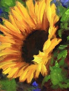 an oil painting of a sunflower with green leaves and blue flowers in the background