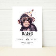 a birthday card with a monkey wearing sunglasses and a party hat on it's head