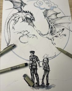 two people standing next to each other in front of a dragon and man drawing on paper