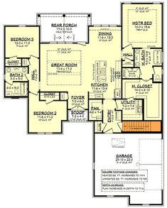 the first floor plan for a home with two master suites and an attached garage area