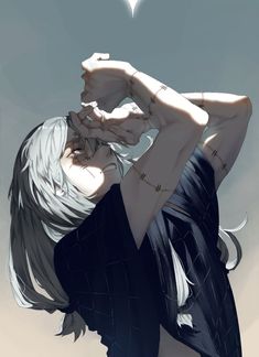 an anime character with white hair and no shirt on, holding her head in the air