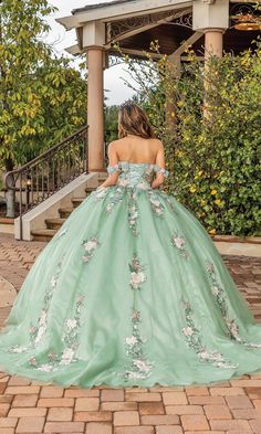 Sage green off the shoulder quinceanera a-line ball gown with sweetheart neckline. Floral Ballgown, Fun Dresses, Quinceñera Dresses, Quince Dress, Quince Ideas, Exquisite Gowns, Modern Princess, Fantasy Dresses, Green Gown