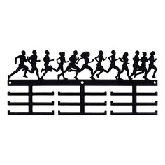 the silhouettes of people running over a bridge are shown in black on a white background