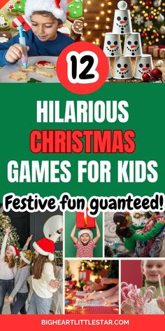 christmas games for kids that are fun and easy to play in the holiday season with text overlaying 12 hilarious christmas games for kids festive fun