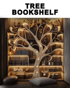 there is a book shelf with books on it and a tree in the middle,