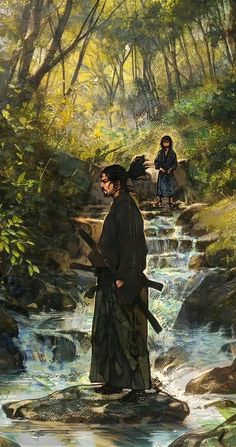 a painting of two people standing on rocks in the woods near a stream and trees