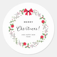 merry christmas and happy new year round sticker with holly wreath, red bow and pomegranates