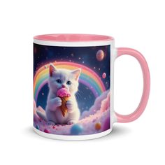 a white cat eating an ice cream cone in front of a rainbow - filled sky