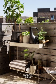 an outdoor shelf with potted plants on it