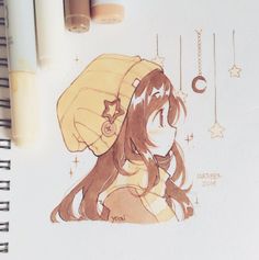 a drawing of a girl wearing a yellow hat