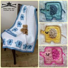 crocheted baby blankets with elephants and giraffes are shown in four different colors