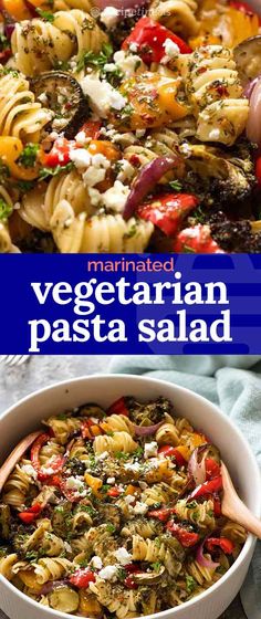 pasta salad with vegetables and feta cheese in a white casserole dish