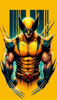 an image of wolverine with claws on his chest and yellow shirt, standing in front of a