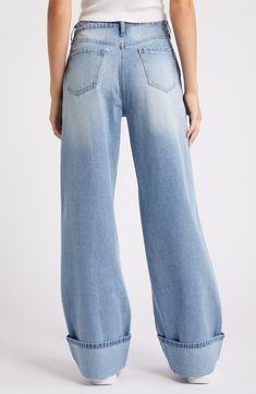 Cuffed hems highlight the wide-leg silhouette of high-waisted jeans cut from comfortable nonstretch denim. 32" cuffed inseam; 36" uncuffed inseam; 22" leg opening; 11" front rise: 14 1/2" back rise (size 27) Zip fly with button closure Five-pocket style 100% cotton Machine wash, tumble dry Imported Casual Mid-rise Wide Leg Pants With Frayed Hem, Trendy Wide Leg Pants With Frayed Hem, Relaxed Fit Wide Leg Jeans With Frayed Hem, Casual Wide-leg Flare Jeans With Frayed Hem, Relaxed Fit Wide Leg Bottoms With Frayed Hem, Relaxed Fit Wide-leg Jeans With Frayed Hem, Trendy High Rise Wide Leg Pants With Frayed Hem, Casual High Rise Wide Leg Pants With Frayed Hem, Wide Leg Flare Jeans With Five Pockets