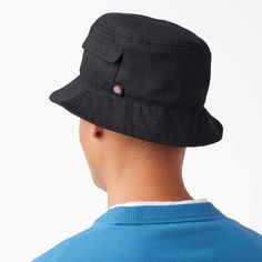 The Dickies Wordmark Bucket Hat is a simple yet stylish addition to your wardrobe. Featuring a pocket on the wearers left, this hat will add function along with fashion. Classic Black Adjustable Bucket Hat, Classic Adjustable Black Bucket Hat, Black Flat Brim Bucket Hat, One Size Fits Most, Black Flat Brim Bucket Hat One Size, Black Baseball Cap With Short Brim, Everyday Black Baseball Cap With Short Brim, Black Bucket Hat With Curved Brim, Urban Black Bucket Hat, Casual Black Bucket Hat With Curved Brim