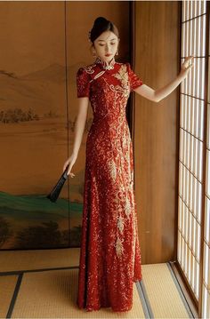 This is a stunning red cheongsam dress that is adorned with shimmering sequins and meticulously hand-beaded details. It features a fresh design while still preserving the traditional elements. It is suitable for various occasions such as wedding attire, formal events, and even as a hostess dress. Customization options are available. Size Chart: S： Chest-78-82cm,  Waist-59-63cm M:   Chest-82-86cm, Waist-63-67cm L:    Chest-86-90cm, Waist-67-72cm XL:  Chest-90-94cm, Waist- 71-75cm XXL: Chest-94-98 Traditional Thai Wedding Dress, Chinese Wedding Cheongsam, Red Qipao Wedding, Red Chinese Aesthetic, Red Formal Outfit, Chinese Style Prom Dress, Chinese Tea Ceremony Dress, Chinese Inspired Dress, Chinese Dress Traditional