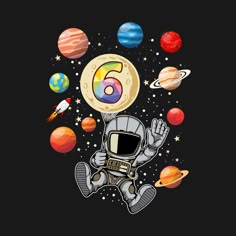 an astronaut floating in space surrounded by planets and the number five on it's back