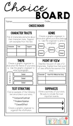 the choice board for students to use in their writing and crafting project, which is also