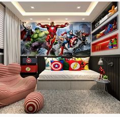 the bedroom is decorated in an avengers theme