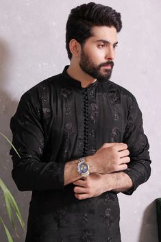 Kurta with Pajama Premium Blended Fabric  Color Black Italian Thread  Self Fabric Fabric Buttons Finest Stitch Branded Design Custom Sizes are also available. Black Semi-stitched Long Sleeve Bandhgala, Black Kurta With Dabka Work For Wedding, Black Wedding Kurta With Dabka Work, Black Kurta For Wedding And Diwali, Dabka Embellished Long Sleeve Wedding Sets, Formal Black Kurta With Pallu, Fitted Long Sleeve Kurta With Dabka Detailing, Black Long Sleeve Kurta For Wedding, Wedding Lawn Suit With Dabka And Long Sleeves