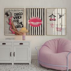 a pink chair sitting next to a white cabinet in a room with pictures on the wall