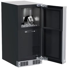 an open black and silver refrigerator with ice in it's door, on a white background