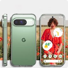 an image of the back and side of a phone with two images of a woman in a red dress