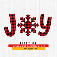 a red and black plaid snowflake with the word joy in it's center