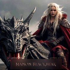 a woman riding on the back of a dragon next to a man with long white hair