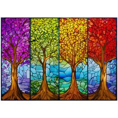 four panels with colorful trees and water in them