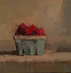 an oil painting of a bucket of red roses