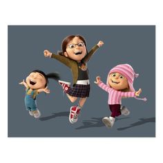 three cartoon characters are jumping in the air with their hands up and one is wearing a pink