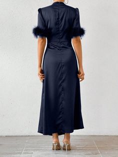 Elegant Evening Maxi Dress With Feathers, Elegant Feathered Maxi Dress, Formal Fitted Maxi Dress With Feather Trim, Fitted Satin Dress With Feather Trim, Fitted Maxi Dress With Feather Trim, Elegant Maxi Dress With Feather Trim, Fitted Feather Trim Maxi Dress For Party, Party Season Dresses With Feather Trim, Fitted Maxi Dress With Feather Trim For Party