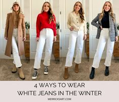 4 Ways to Wear White Jeans in Winter - Merrick's Art White Pants Outfit Winter, White Jeans Outfit Fall, Ankle Jeans Outfit, White Jeans In Winter, White Jeans Outfit Winter, White Jeans Fall, White Pants Winter, How To Wear White Jeans, White Jeans Winter