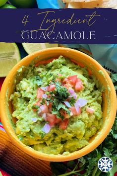 guacamole in a yellow bowl with tortilla chips on the side