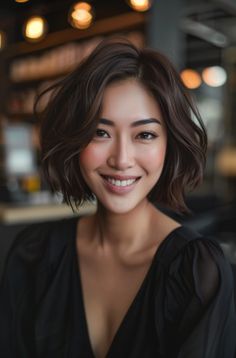 Shatter Bob with Tapered Nape Short Bob With Bangs For Thick Hair, Short Hairstyles Asian Women, Bob Haircut Blowout, Asian Women Short Hair, Asian Short Hair Styles, Thick Hair Medium Length Haircuts, Bob Hairstyles Asian, Mom Cut Thick Hair, Short Hairstyle Asian Women