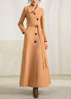 Formal Fitted A-line Wool Coat, Elegant Wool Coat With Double-breasted Button And Long Sleeve, Luxury Elegant A-line Wool Coat, Wool Maxi Coat, Long-sleeve Wool Coat With Self Belt, Brown Long-sleeve Wool Coat, Full Length Coat, Winter Outwear, Maxi Coat