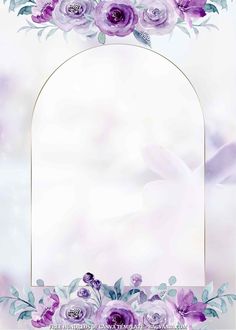 an arch with purple flowers and leaves on the top is in front of a white background